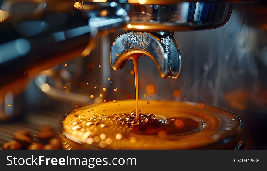 A close-up view of a rich espresso shot being extracted from a professional coffee machine, with visible steam and coffee droplets