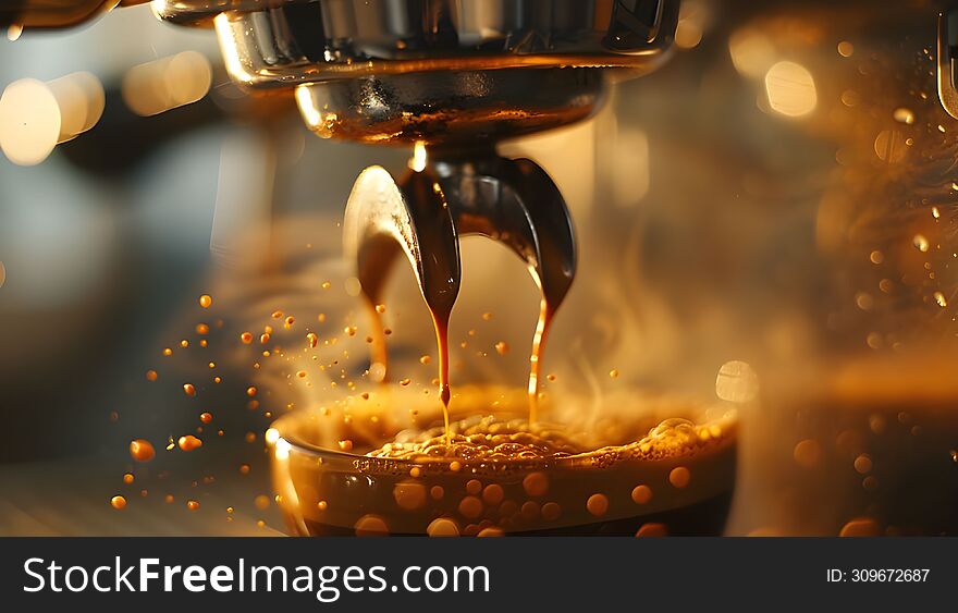 A Close-up Shot Capturing The Rich, Golden Crema As Espresso Drips From A Coffee Machine Into A Cup