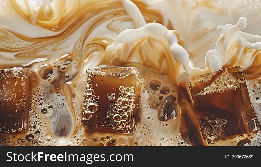 Macro photography of iced coffee mixing with milk, creating an inviting swirl of cream and coffee with a rich texture