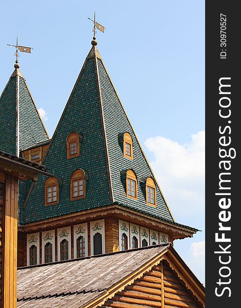 Top of the tower of old Russian royal palace, Russia, Moscow, royal palace in Kolomenskoye