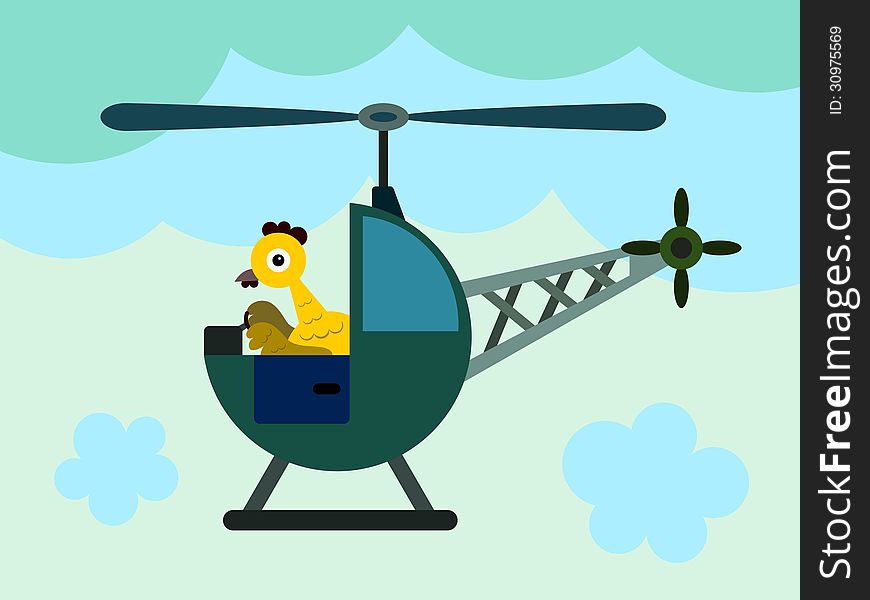 A funny illustration of a chicken driving a helicopter. A funny illustration of a chicken driving a helicopter