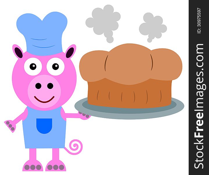 Illustration of a pig dressed like a baker and carrying a plate with a freshly baked bread. Illustration of a pig dressed like a baker and carrying a plate with a freshly baked bread