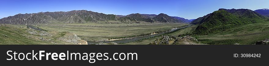 Panorama of the river Katun in the mountains