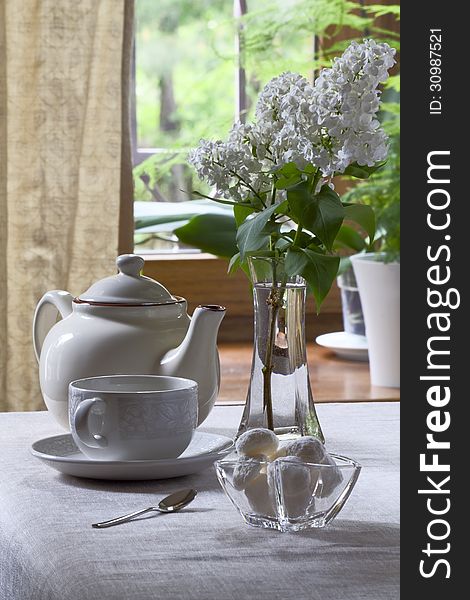 Teapot, teacup and lilacs