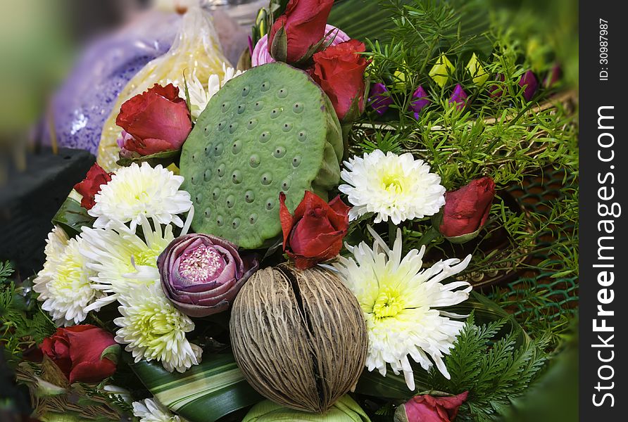 Bouquet of colorful flowers on the wall