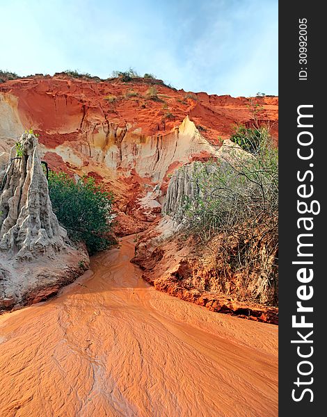 Ham Tien canyon in Vietnam, small stream carving through the sand