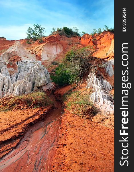 Ham Tien canyon in Vietnam, small stream carving through the sand