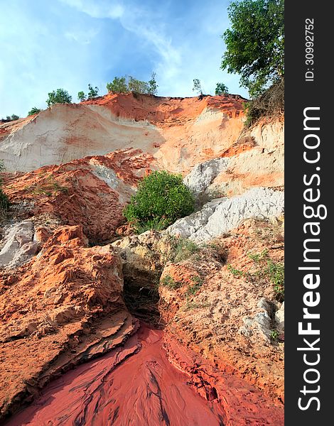 Ham Tien canyon in Vietnam, small stream carving through the sand