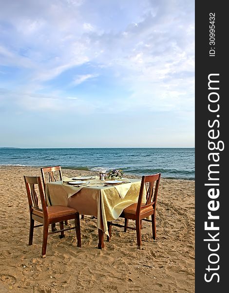 Table and chair on the beach. Vietnam