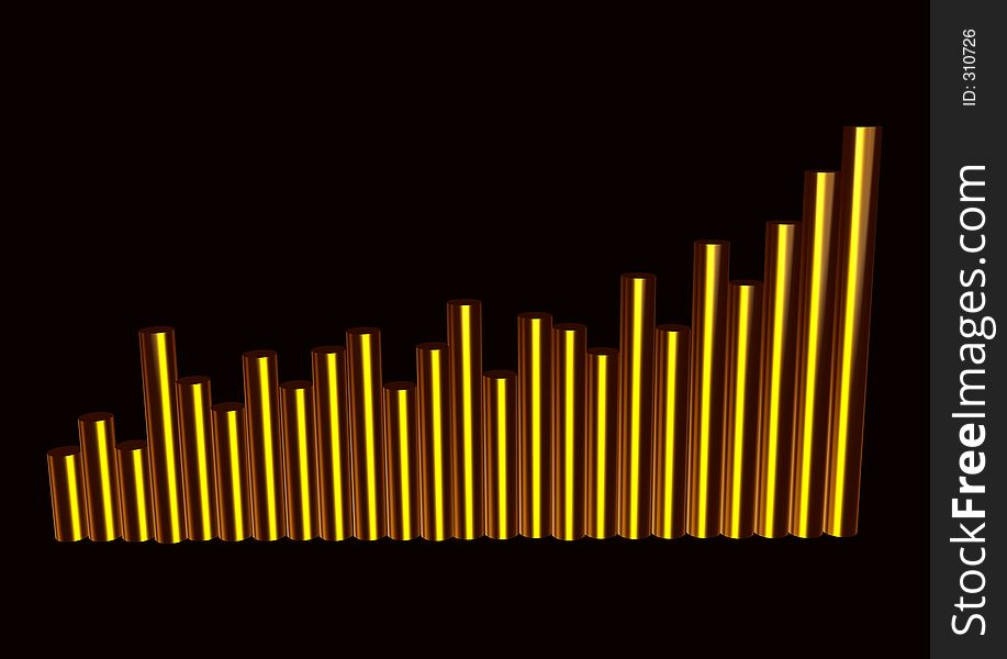 3D render - golden growing chart on black. 3D render - golden growing chart on black