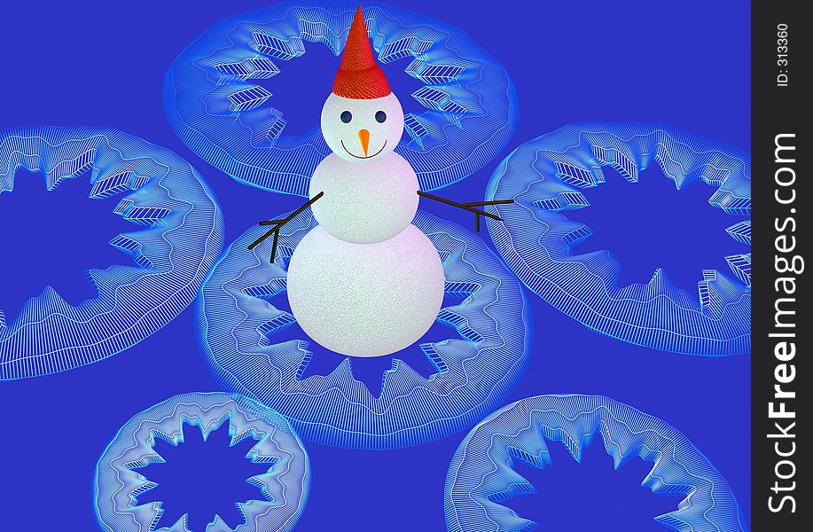 3D render of snowman on blue. 3D render of snowman on blue