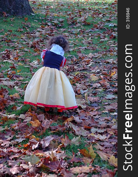 Young girl dressed as snow white, walking through the woods on a fall day surrounded by fallen leaves. Young girl dressed as snow white, walking through the woods on a fall day surrounded by fallen leaves