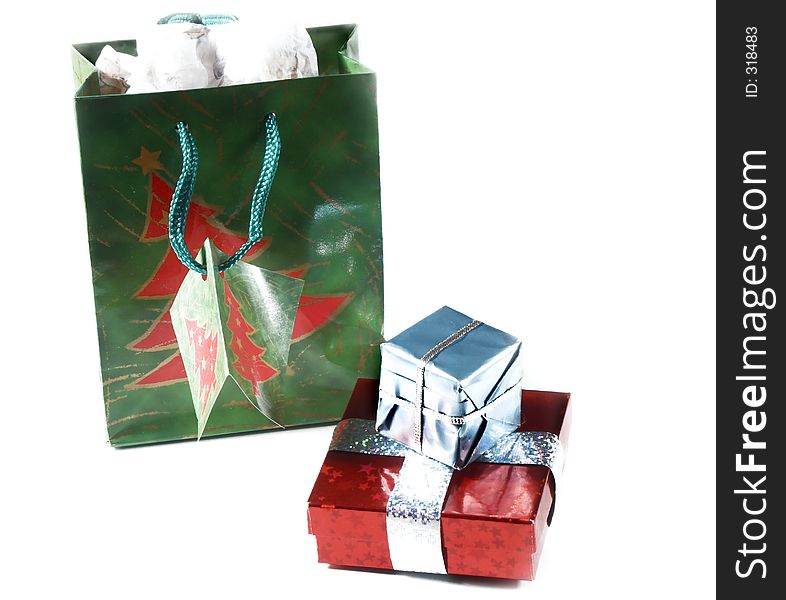 Isolated gift bag and presents. Isolated gift bag and presents