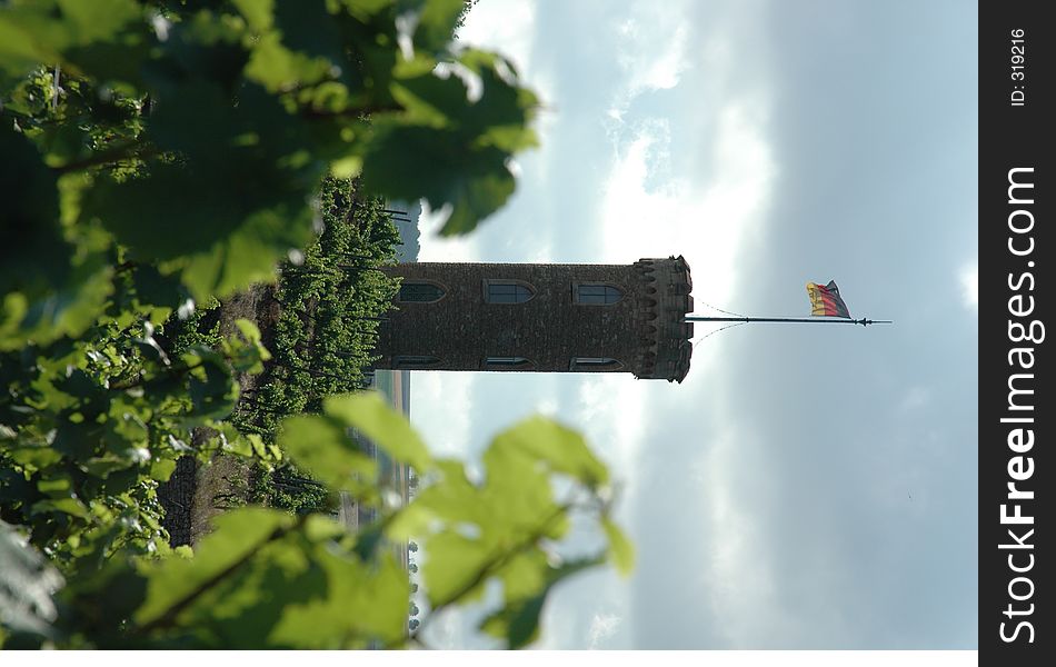 Stone tower and vinyards in Weinheim, Germany.