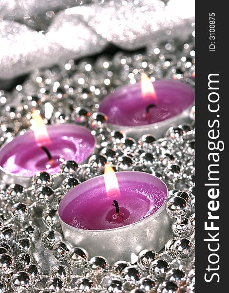 Pink candles with silver decoration balls