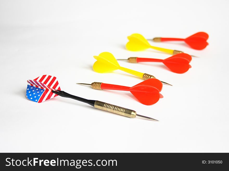 On a photo of a darts with a flag the USA. The photo is isolated