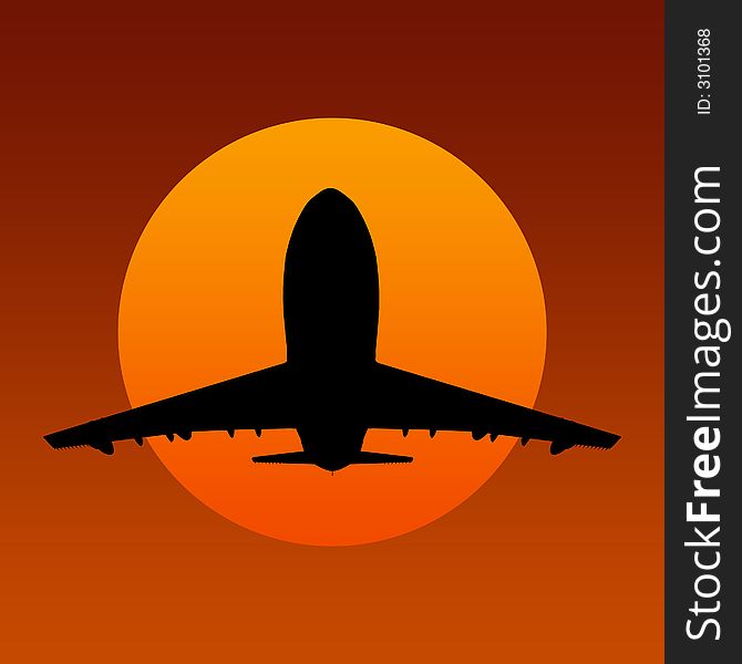 Black airplanes silhouette with orange sun. Black airplanes silhouette with orange sun