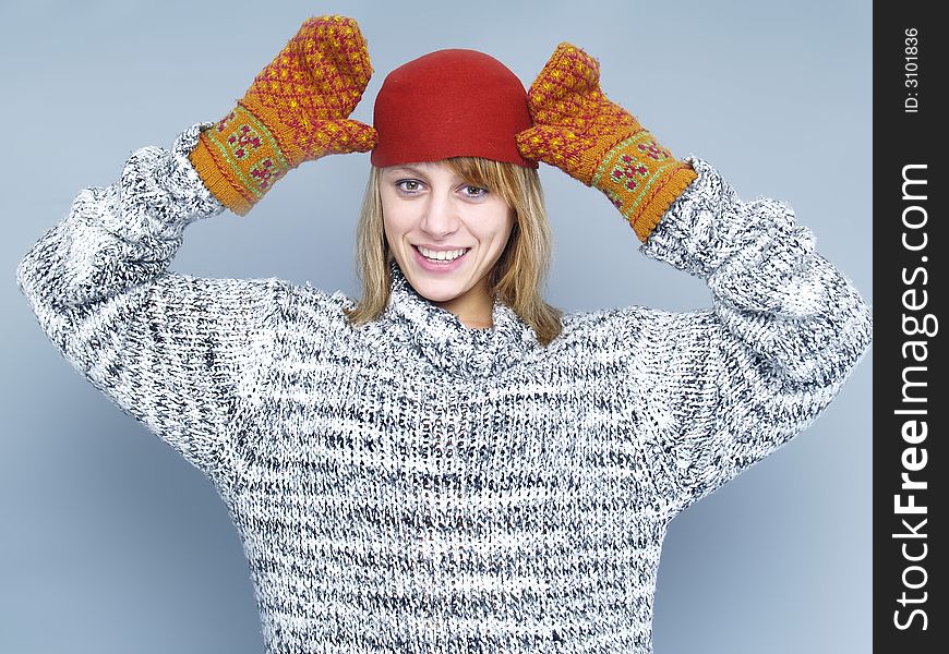 Happy Woman with glove and hat in cold winter. Happy Woman with glove and hat in cold winter