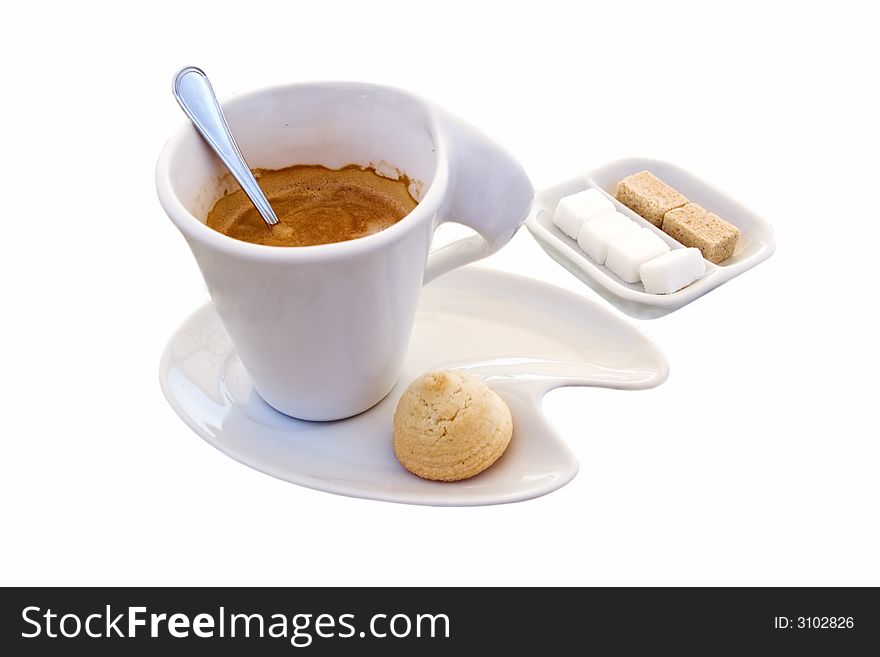 Hot espresso, cookie and yellow and white sugar. Hot espresso, cookie and yellow and white sugar.