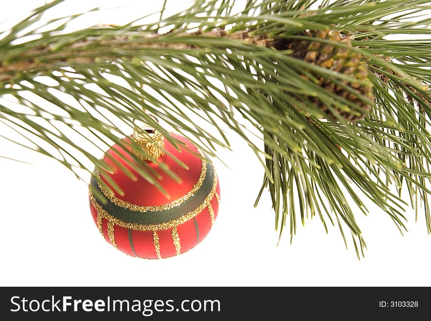 Christmas tree. decoration. evergreen branch with ball. Christmas tree. decoration. evergreen branch with ball