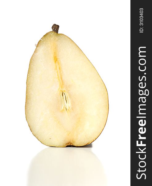 D'Anjour pear sliced in half on white background, very high key. D'Anjour pear sliced in half on white background, very high key