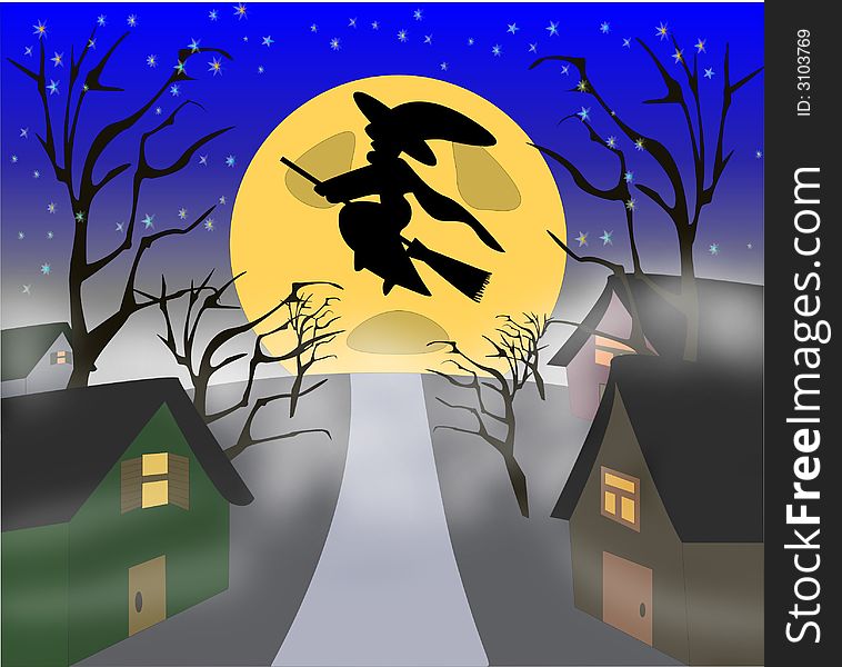 Halloween image of a witch flying over the village