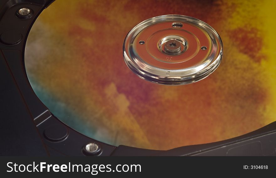 Surface of hard drive with burning reflection. Surface of hard drive with burning reflection