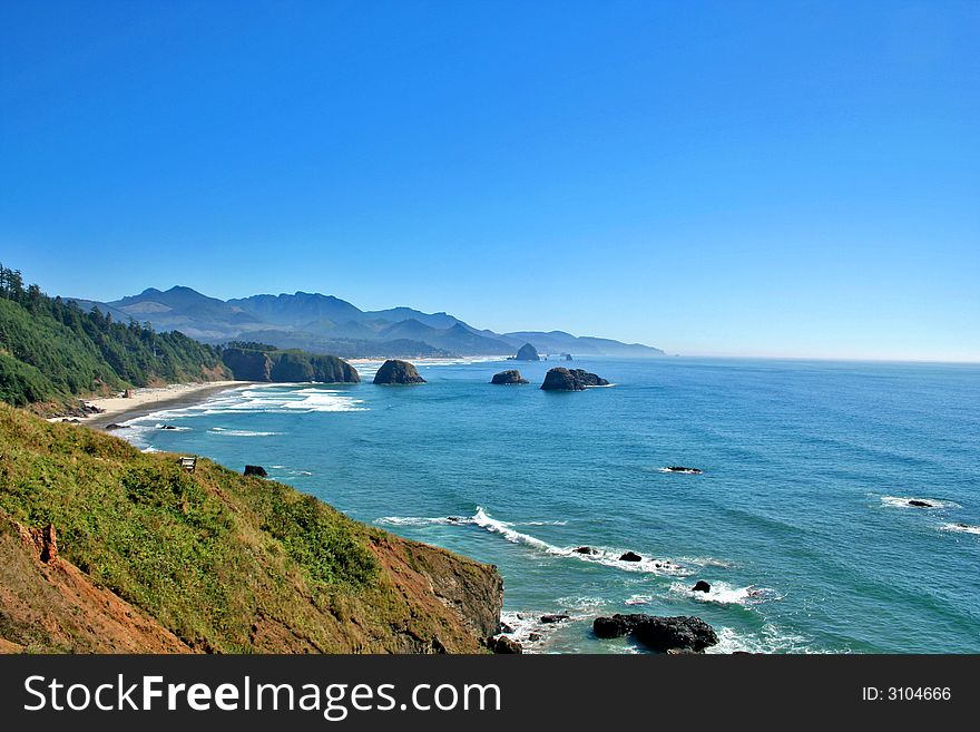 View of Cannon Beach Oregon as seen from Ecola Park looking South