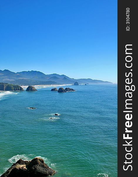 View of Cannon Beach Oregon as seen from Ecola Park looking South