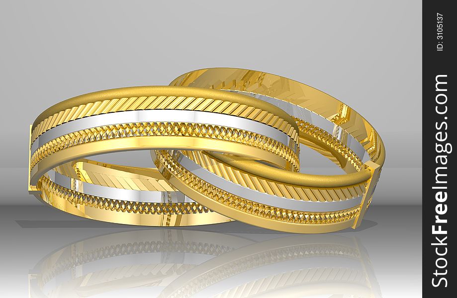 3d rendering two golden rings, in yellow and white colour