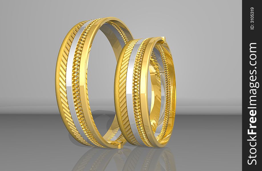 3d rendering two golden rings, in yellow and white colour