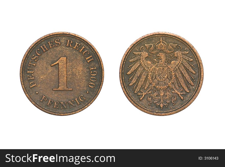 Both sides of one pfennig produced by German Reich in 1900. (isolated). Both sides of one pfennig produced by German Reich in 1900. (isolated)