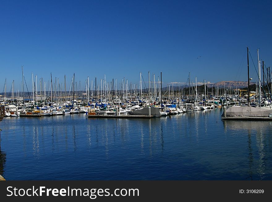 Picture of a harbor and docked sailboats.