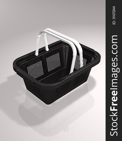 3d concept illustration of empty shopping basket with reflection and shadows