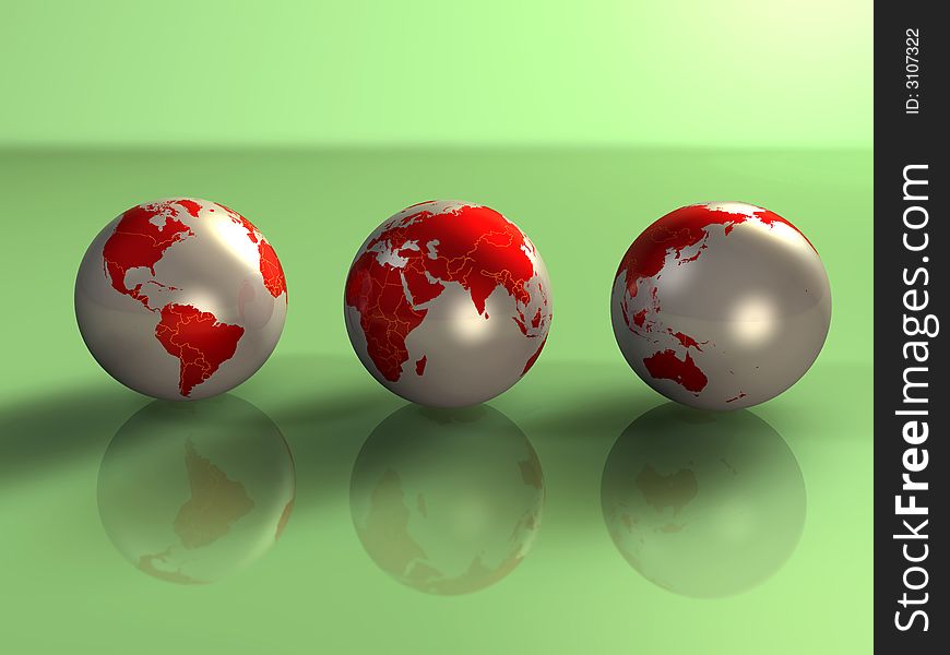 3d illustration concept of 3 metalic earth spheres. 3d illustration concept of 3 metalic earth spheres