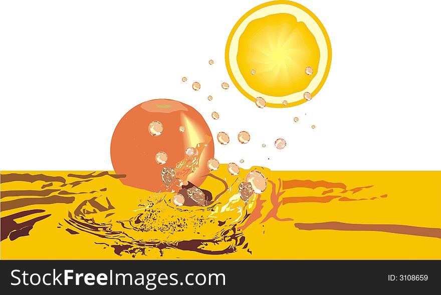 Illustration with ripe orange and its segment fall in water. Illustration with ripe orange and its segment fall in water