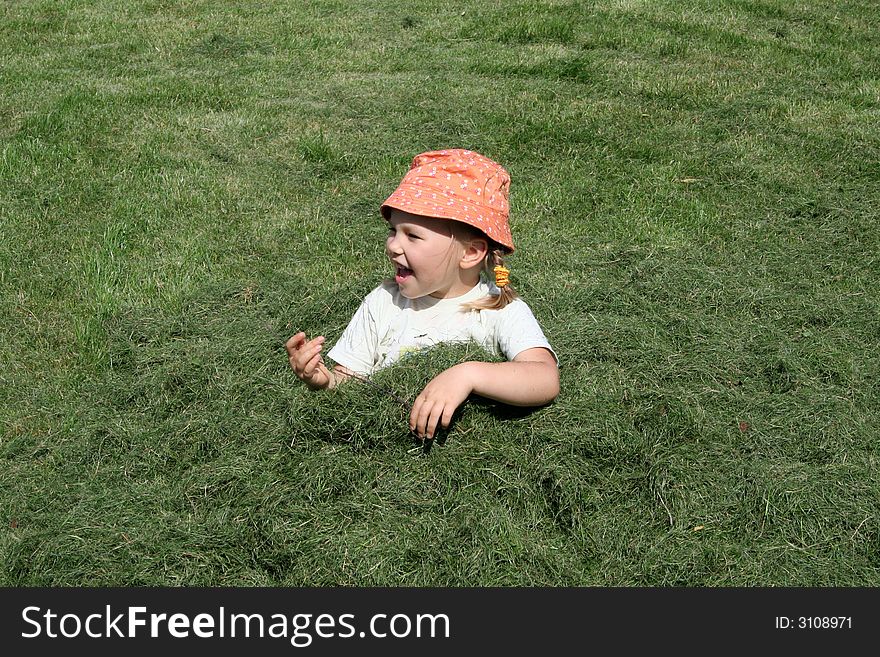 A girl having fun in a heap of just cut grass. A girl having fun in a heap of just cut grass