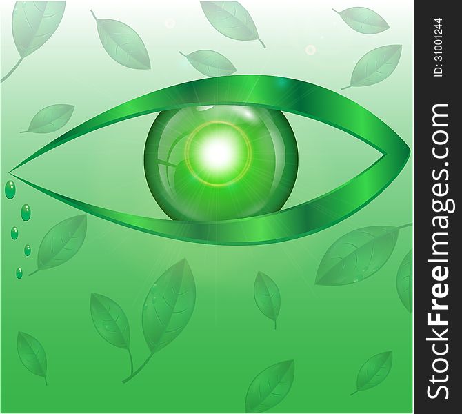 Eye of green color on a green background with leaves