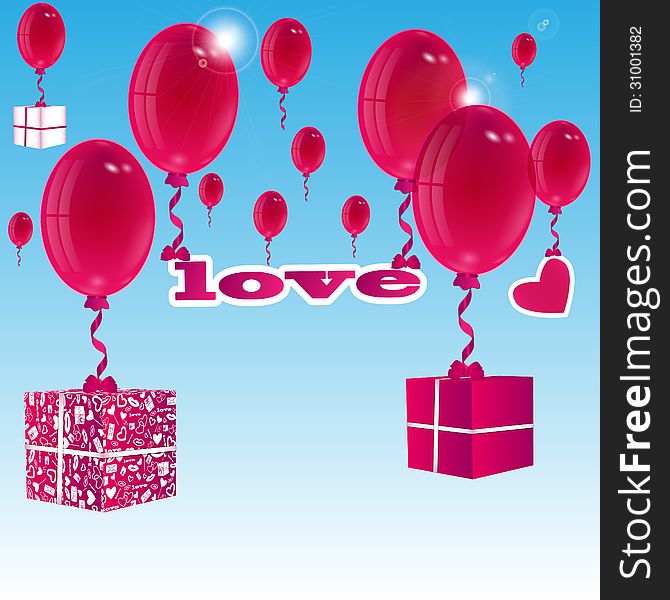 Balloons and gift boxes on a background blue sky