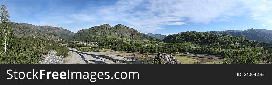 Panorama of a mountain on a dried lake in Altai mountains
