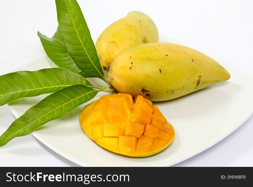 Tropical fruit Mangoes on the white background