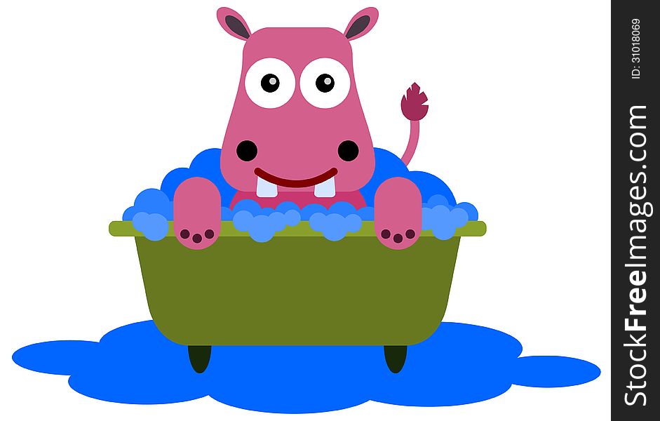 A funny illustration of a hippo in a tub