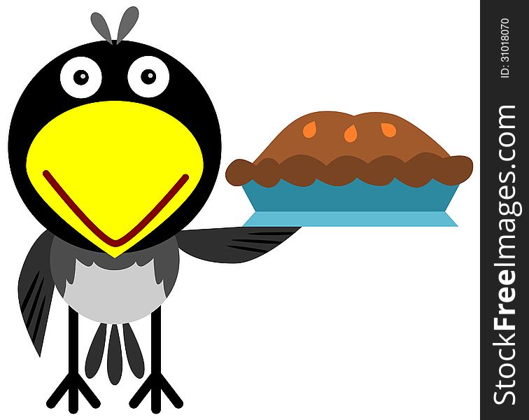 A cartoon illustration of a magpie carrying a pie. A cartoon illustration of a magpie carrying a pie