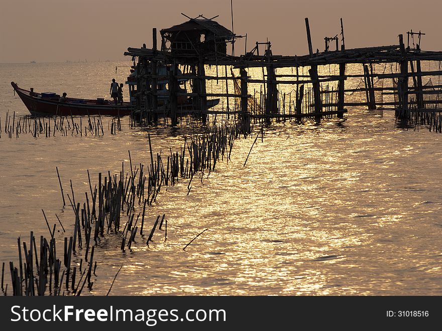 Trap net/stake trap at the mouth of the Mae Klong river to the Gulf of Thailand in Samutsongkram. Trap net/stake trap at the mouth of the Mae Klong river to the Gulf of Thailand in Samutsongkram