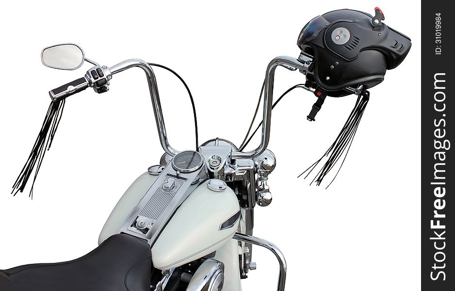 Motorcycle handlebar with helmet. So called ape hanger handlebars are popular on chopper motorcycles. Motorcycle handlebar with helmet. So called ape hanger handlebars are popular on chopper motorcycles.