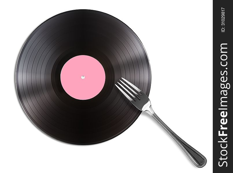 Record disc and fork isolated on white