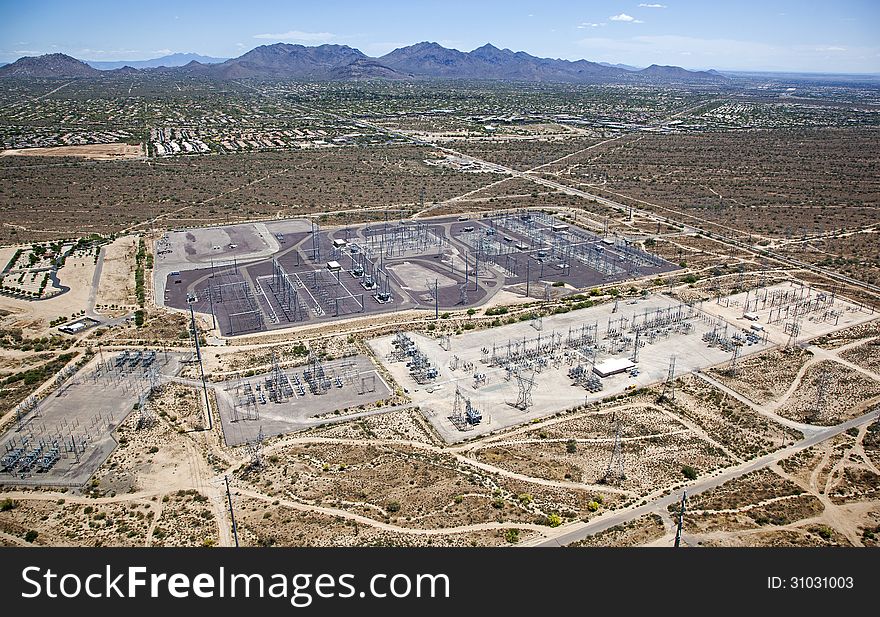 Electrical Power substation viewed from above in the Southwest desert