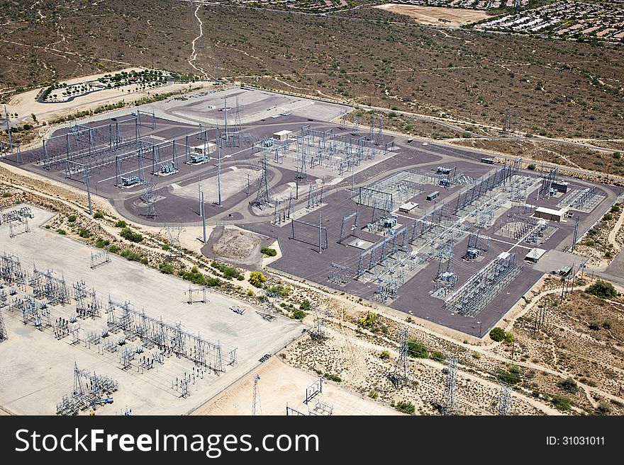 Electrical Power substation viewed from above in the Southwest desert