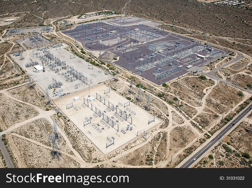 Electrical Power substation viewed from above in the Southwest desert