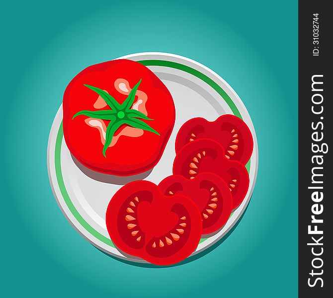 Vector illustration of tomato on a plate with slices